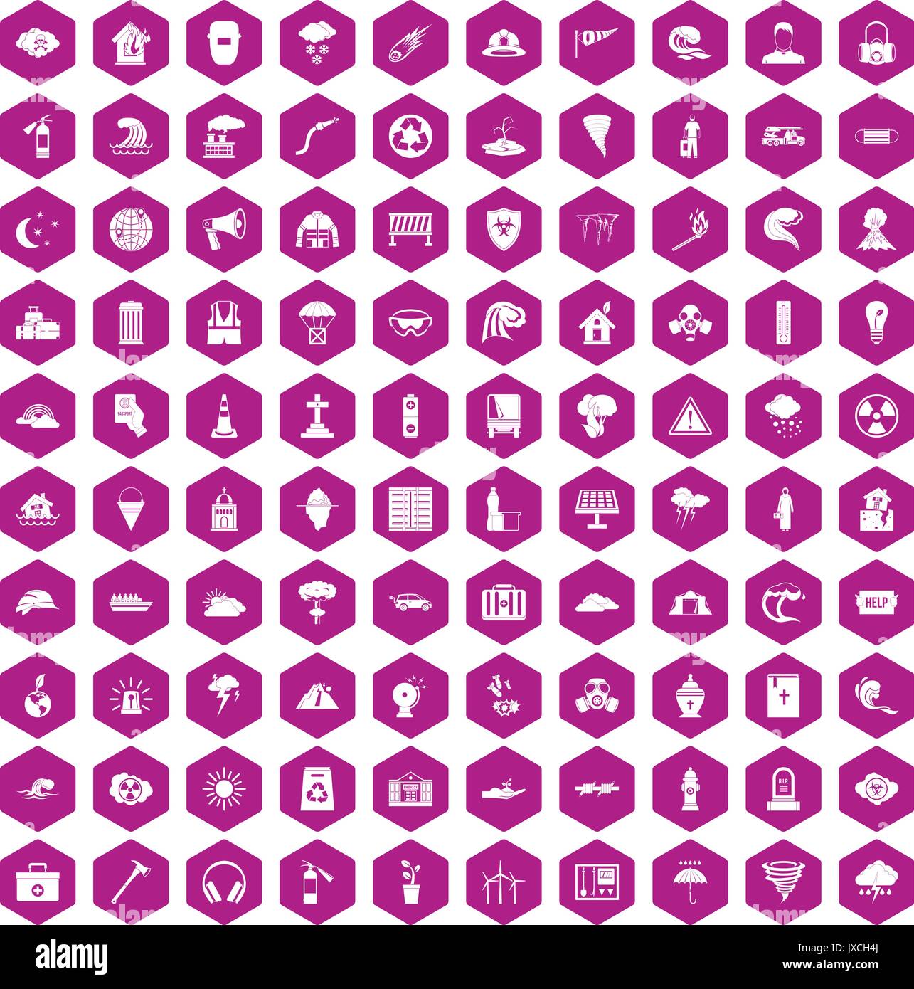100 disaster icons hexagon violet Stock Vector