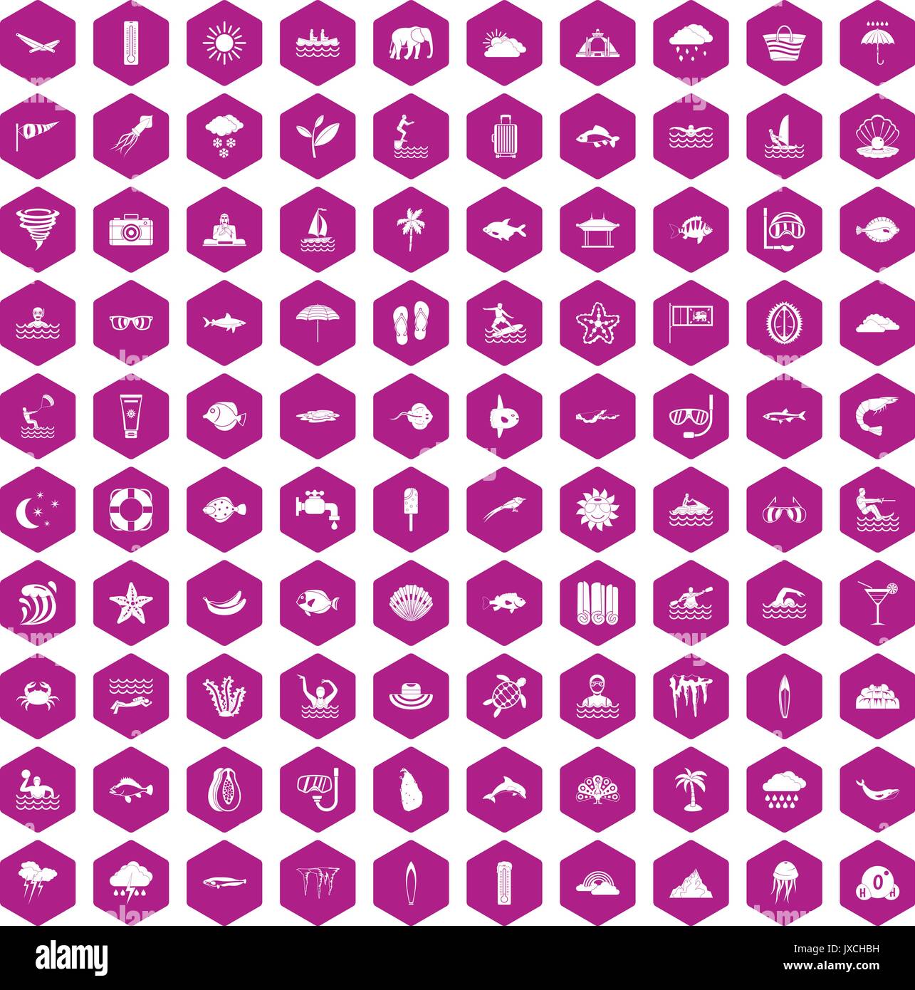 100 diving icons hexagon violet Stock Vector