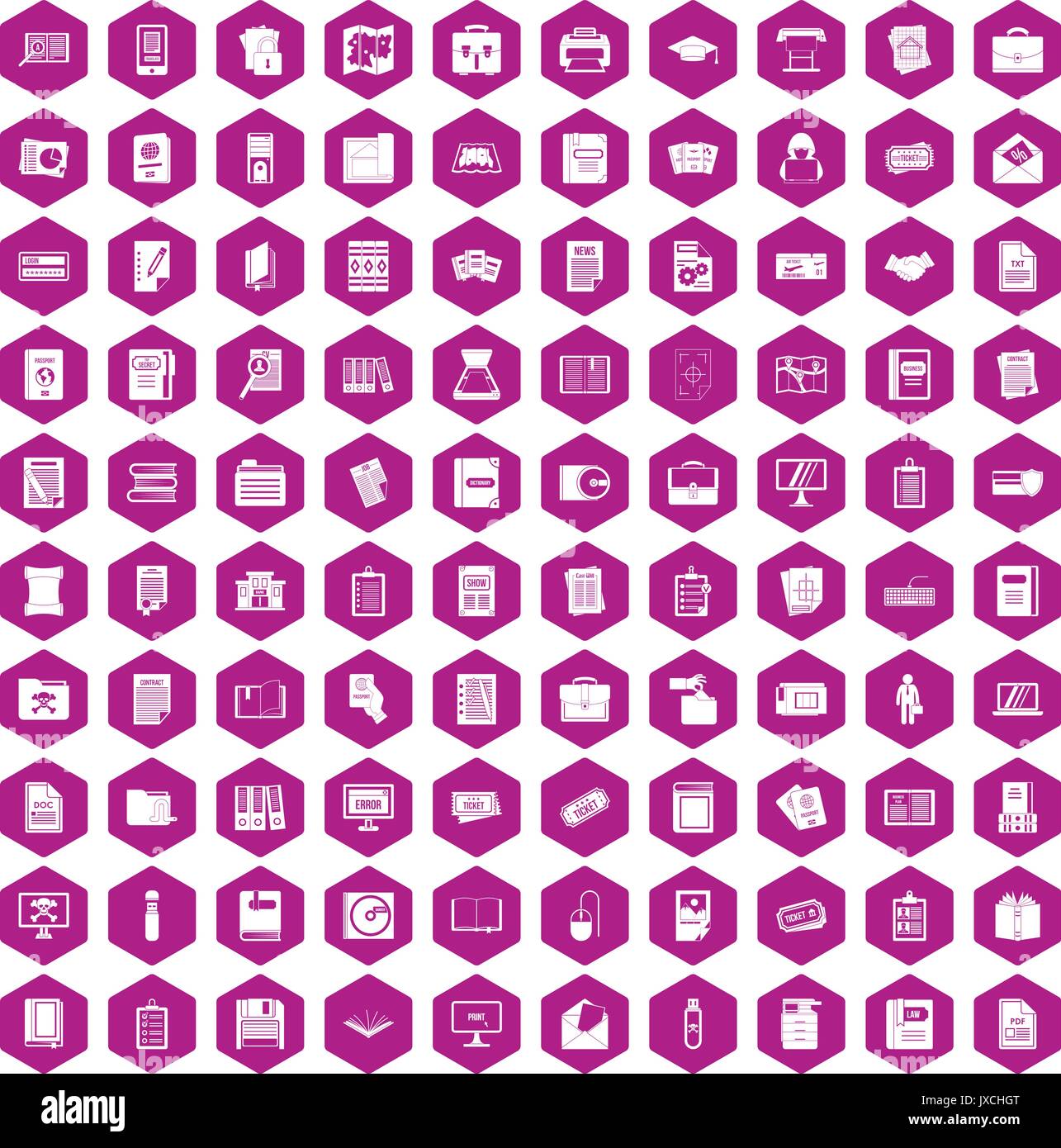 100 document icons hexagon violet Stock Vector