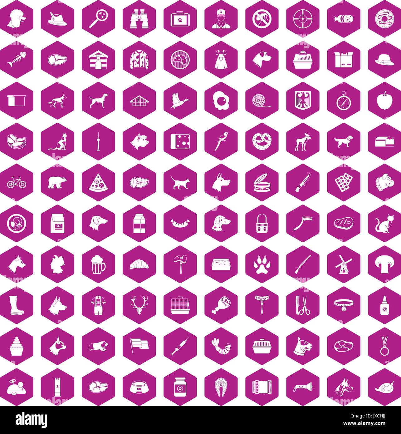 100 dog icons hexagon violet Stock Vector