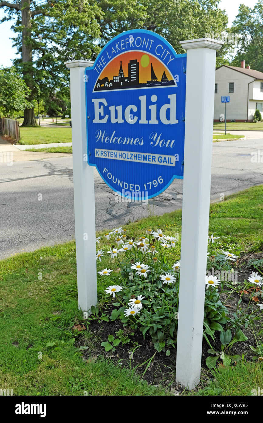 A city mired in controversy, Euclid Ohio in the USA, is demarcated by signs welcoming people to 'The Lake Front City', a suburb of Cleveland Ohio. Stock Photo