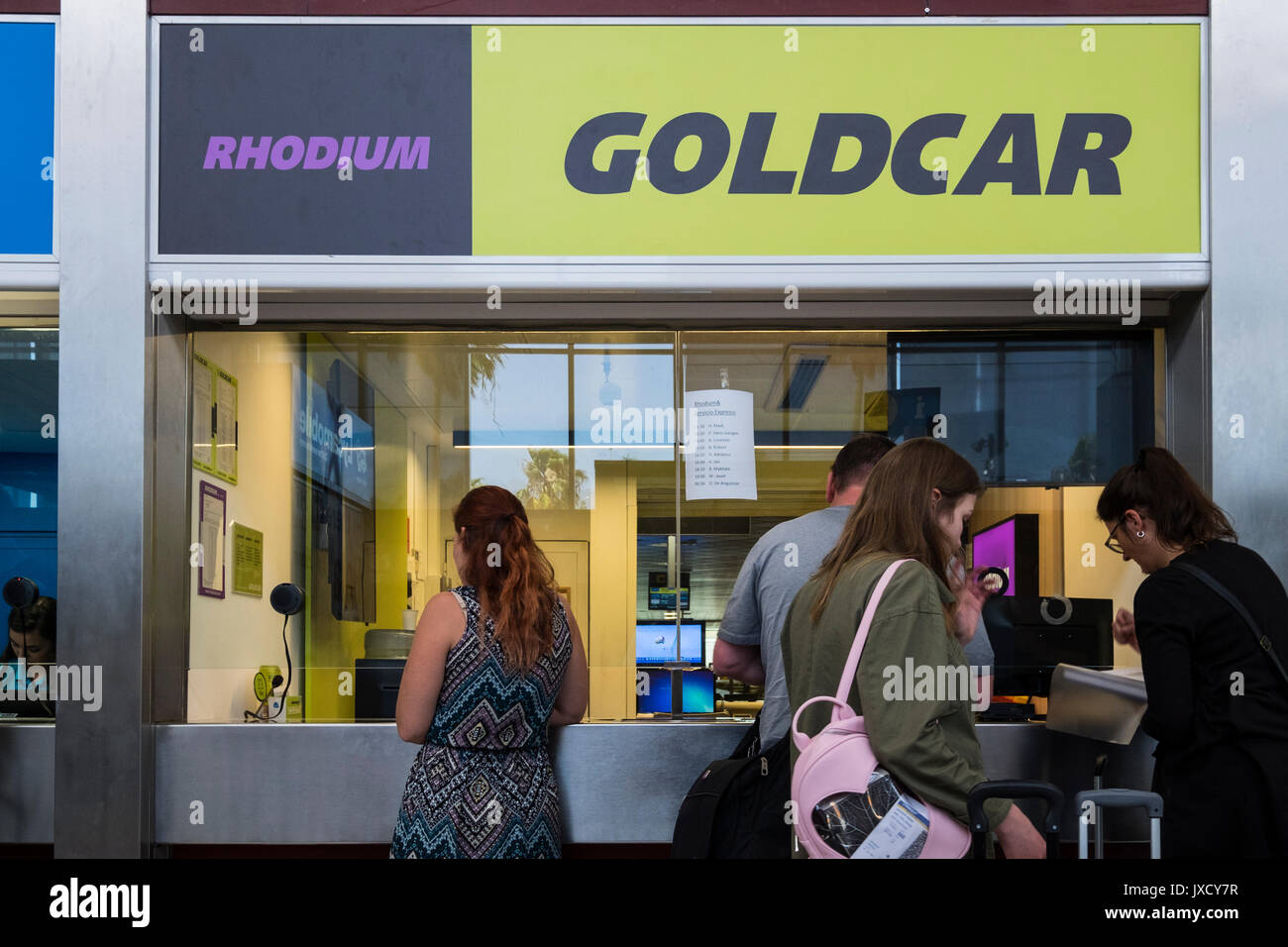 Goldcar car rental office desk at Reina Sofia airport, Tenerife south, Canary Islands, Spain Stock Photo