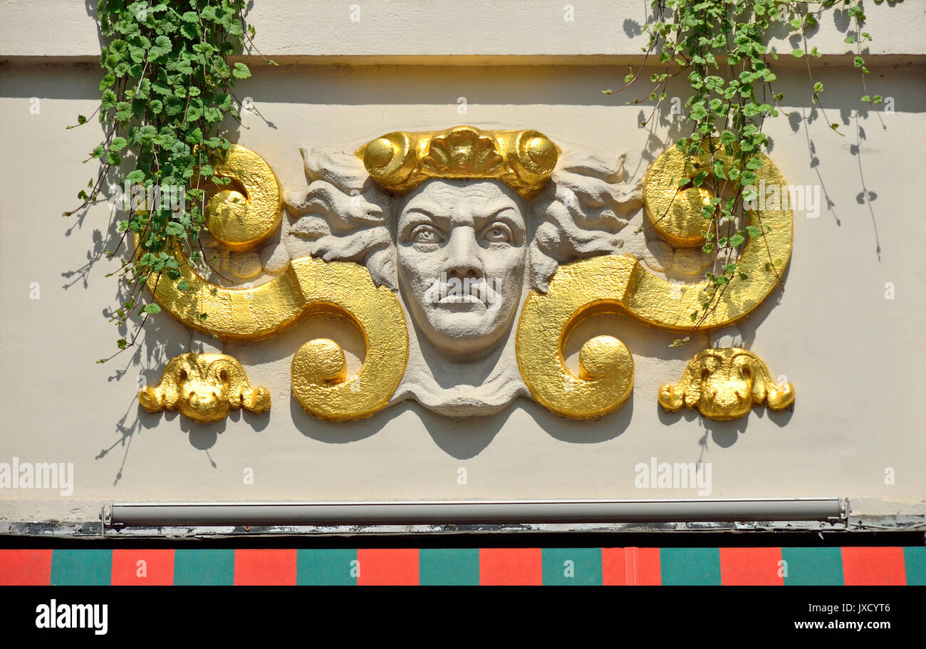 Brussels, Belgium. Grand Place: facade detail of De Gulden Boot / La Chaloupe d'Or (Golden Ship) restaurant Stock Photo