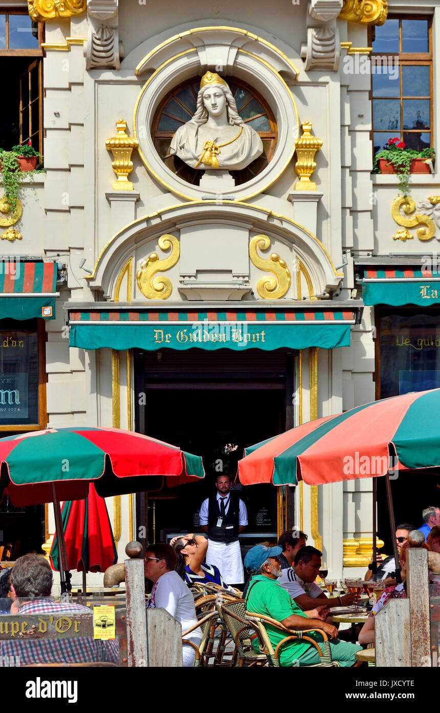Brussels, Belgium. Grand Place: De Gulden Boot / La Chaloupe d'Or (Golden Ship) restaurant facade Stock Photo