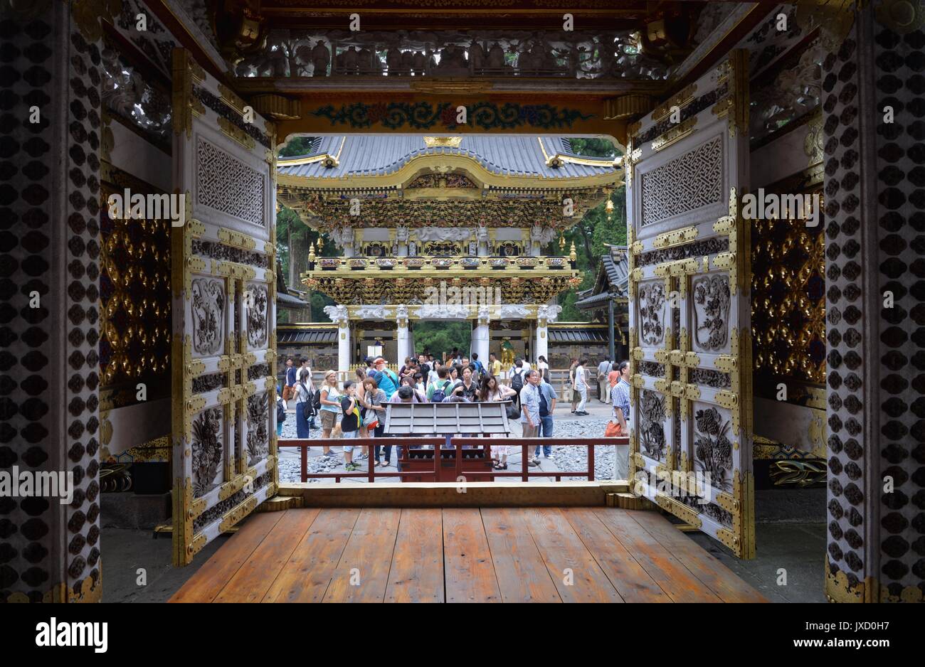 Inside the Toshogu Shrine, Nikko, Japan. The Toshogu Shrine (東照宮, Tōshōgū) is the final resting place of Tokugawa Ieyasu.  This is a rare image. Stock Photo