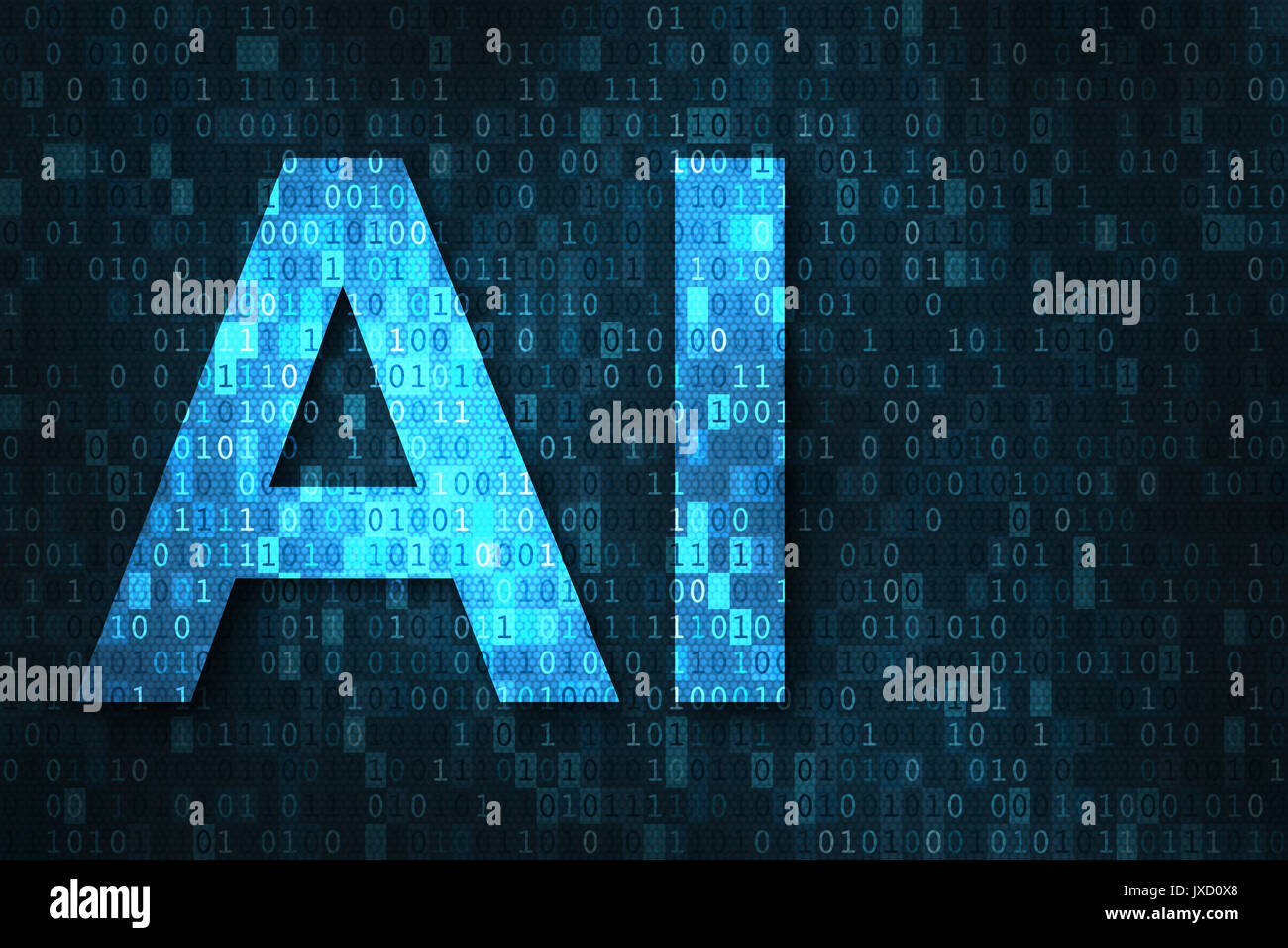 Artificial intelligence illustration with blue text AI over binary code matrix background. Abstract concept of cyber technology and automation Stock Photo