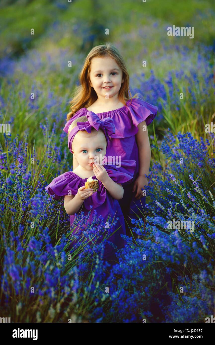 Two little blonde girls walk on a purple flowers field, their hair is blowing in the wind Stock Photo