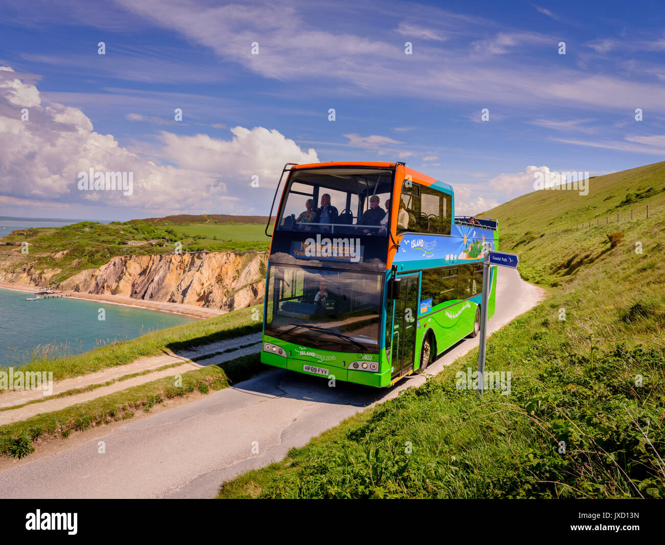 The Needles Breezer bus approaches the Needles on the Isle of Wight