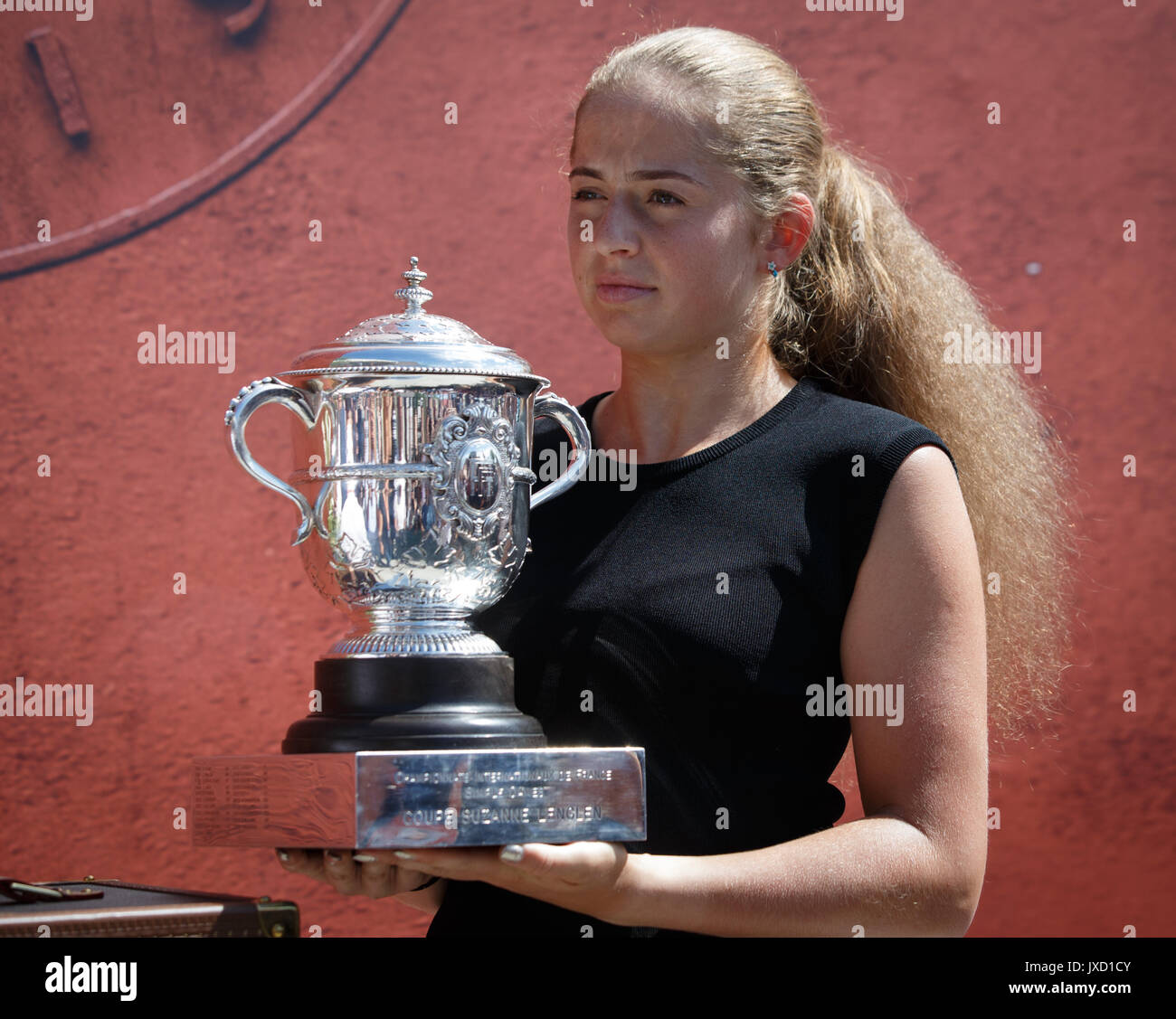 JELENA OSTAPENKO (LAT) winner of the  French Open 2017 holding the trophy. Stock Photo