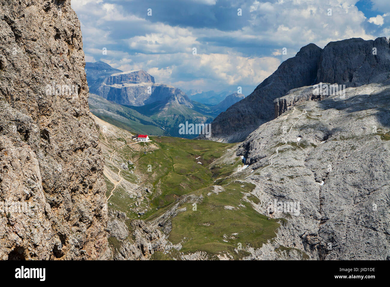 Alpe di siusi, Dolomites, Northern Italy, Refugio Alpe di Tires Stock Photo