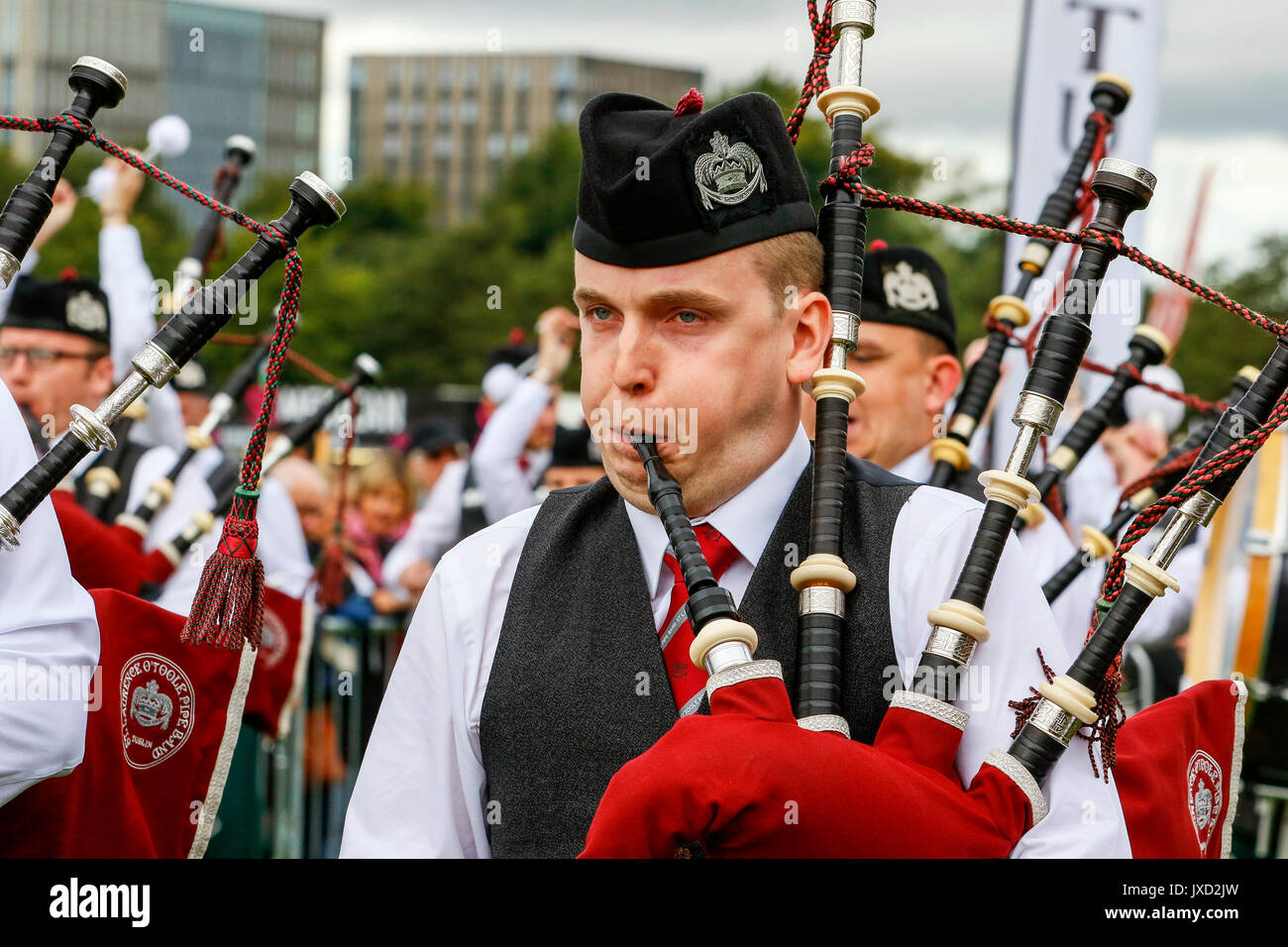 Piper from the St Laurence O'Toole pipe band from Dublin, playing at Piping Live championships Glasgow Scotland Stock Photo