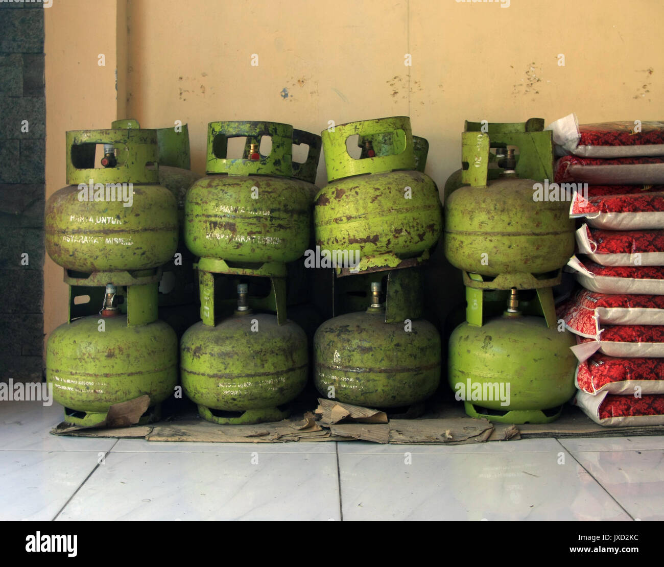 Stack of LPG Propane gas bottles in a shop - Bali, Indonesia Stock Photo