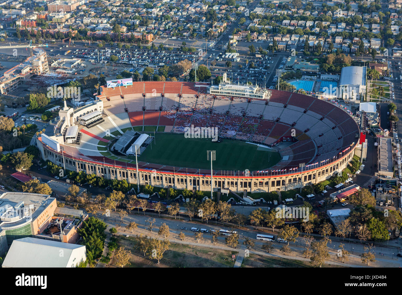 Los Angeles, California, USA - August 7, 2017:  Aerial view of the historic LA Coliseum stadium near downtown and USC. Stock Photo