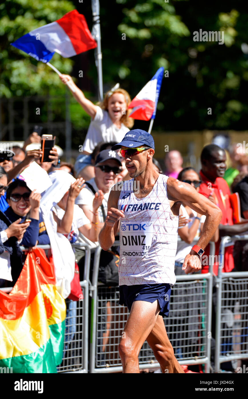 Yohann Diniz of France competing in the IAAF World Athletics Championships 50k walk in The Mall, London. With fans and flags. Won gold Stock Photo