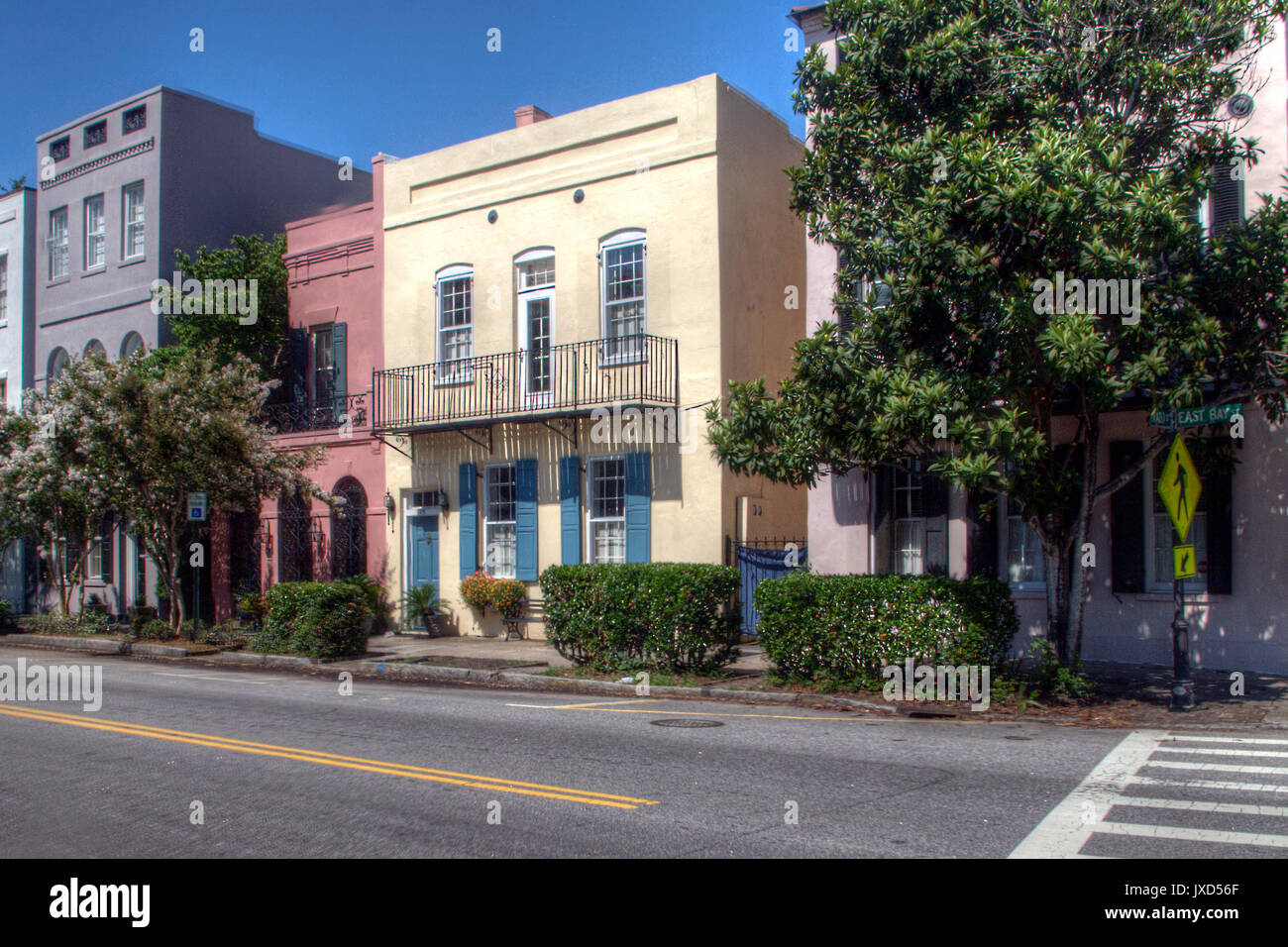 Charleston Streen looking at the front of the pastel houses Stock Photo