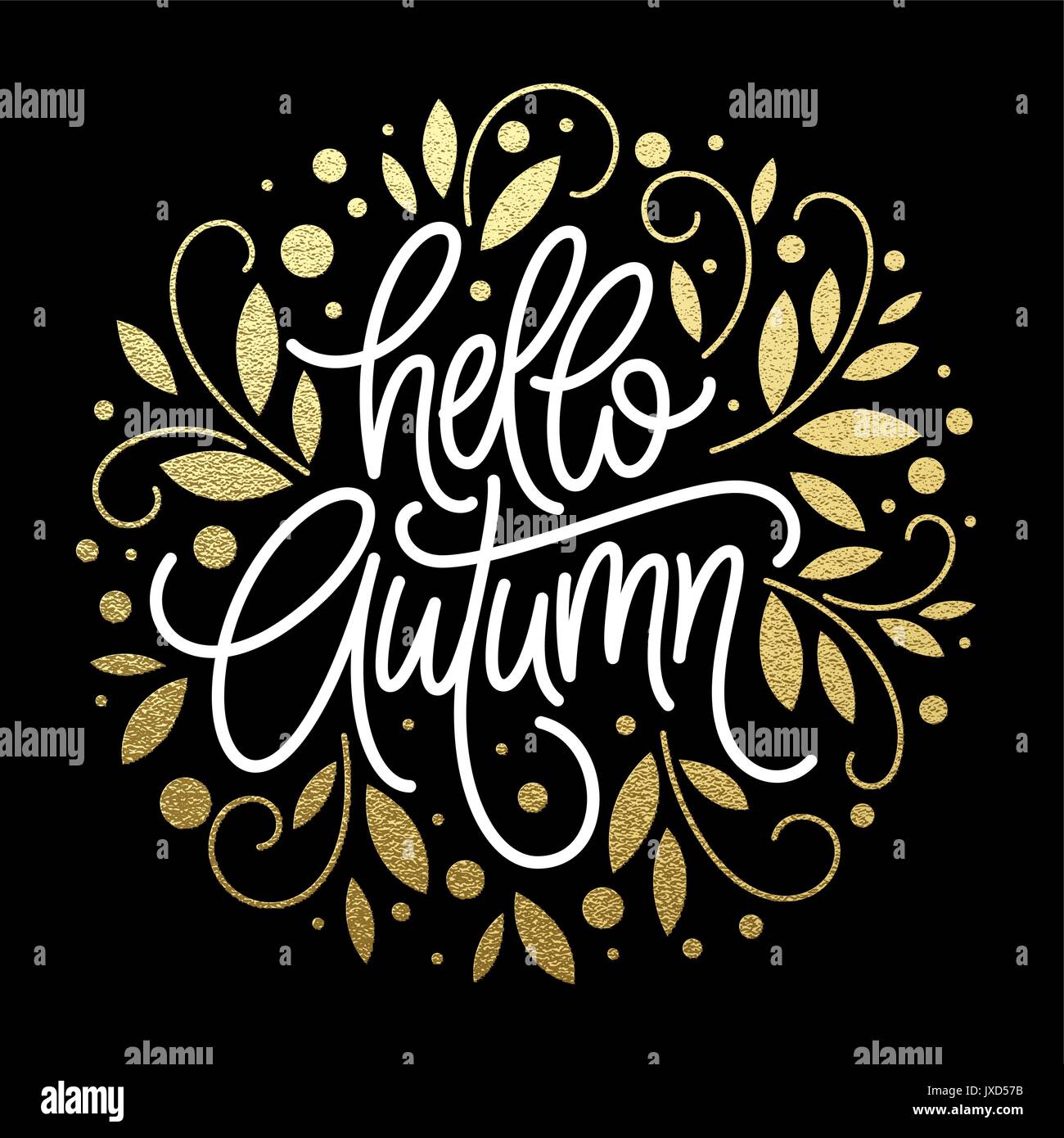 Autumn - Hand drawn vector typography with line leaf pattern in golden ...