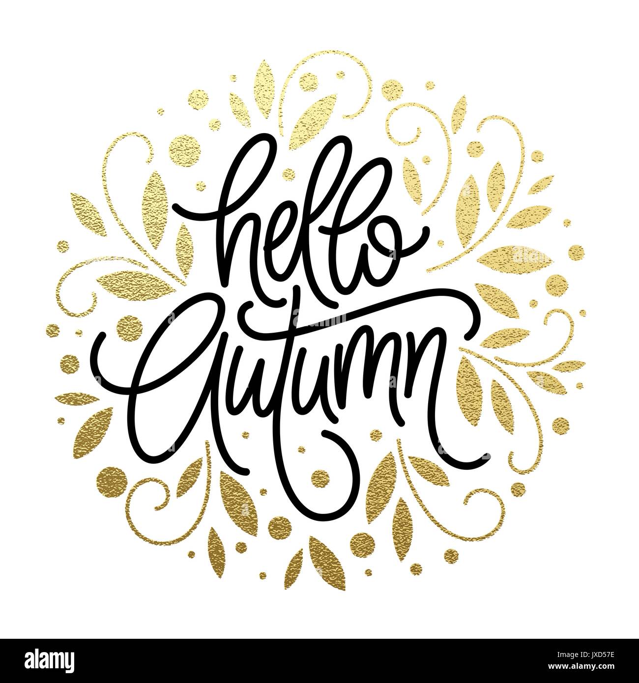 Autumn - Hand drawn vector typography with line leaf pattern in golden glitter color. Vector illustration Stock Vector