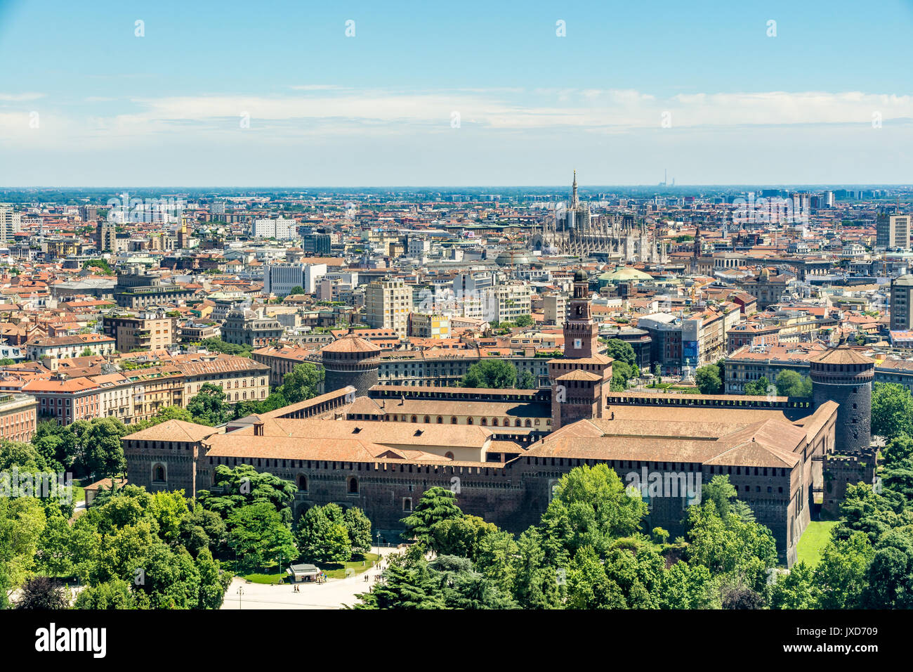 Aerial view from the Branca Tower (Torre Branca) of the Sforza Castle (Castello Sforzesco) and cityscape of Milan, Italy Stock Photo