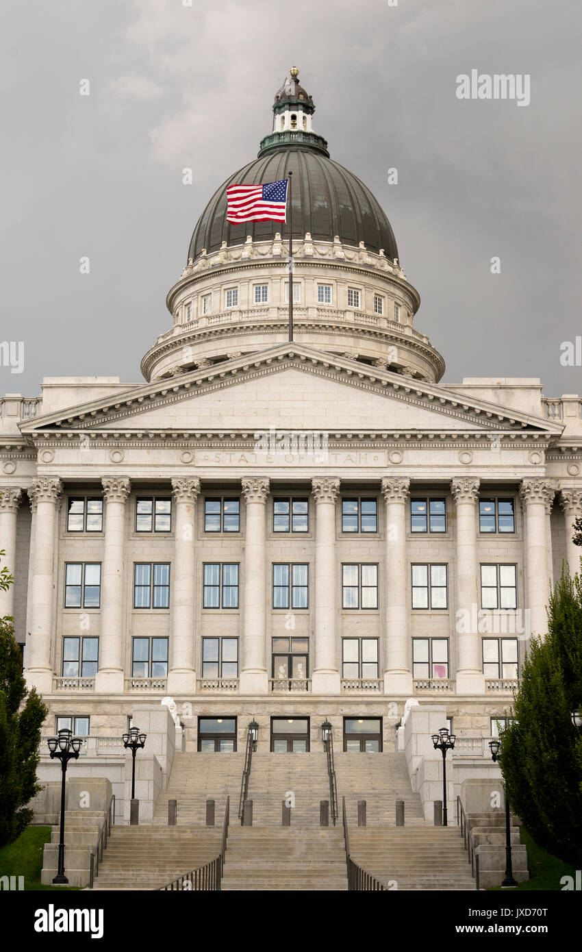 A storm passes over then behind the capital building in Utah Stock Photo