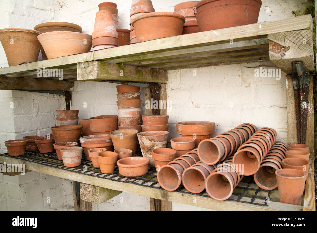 Terracota flower pots in potting shed. Stock Photo