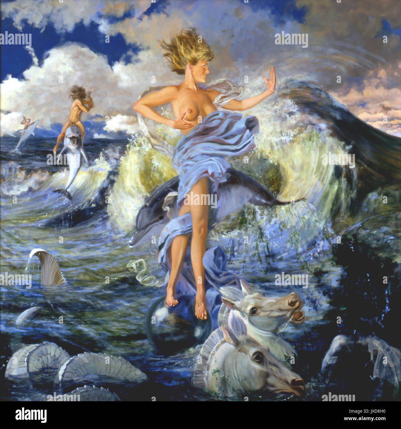 Fortuna is life size Roman mythological oil painting depicting Princess Diana scantily clothed as the Roman Goddess of Fortune. She dancing on a crystal ball Diana is swathed in wind-blown drapery, her Fortuna is life size Roman mythological oil painting depicting Princess Diana scantily clothed as the Roman Goddess of Fortune. She dancing on a crystal ball Diana is swathed in wind-blown drapery, her