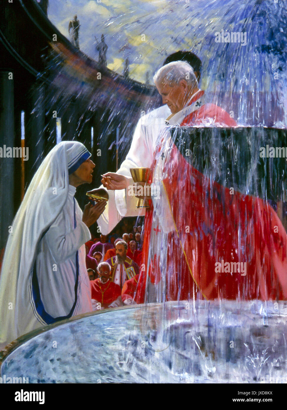 Mother Theresa receiving the Sacrament from John Paul II at a Mass 1982 in St. Peter's Square the large plaza located directly in front of St. Peter's Basilica in the Vatican. Stock Photo