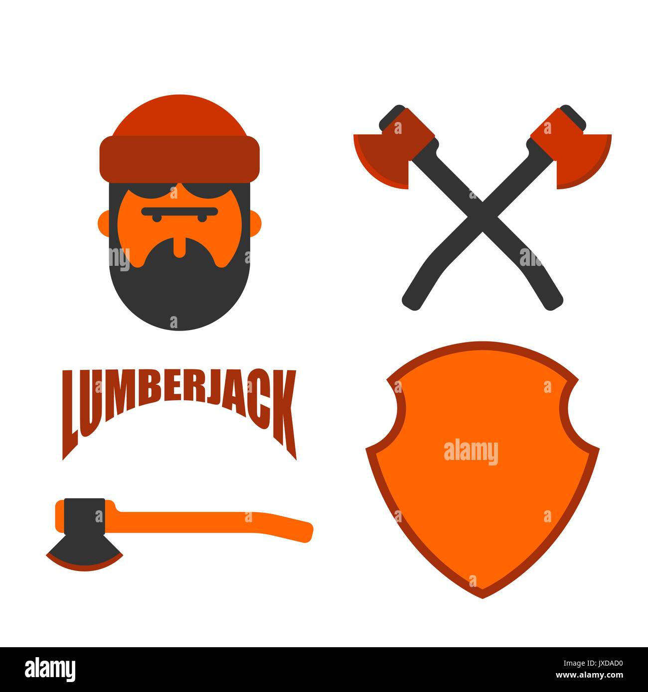 Lumberjack icon set. Woodcutter sign. lumberman symbol. feller with beard and axes. Stock Vector