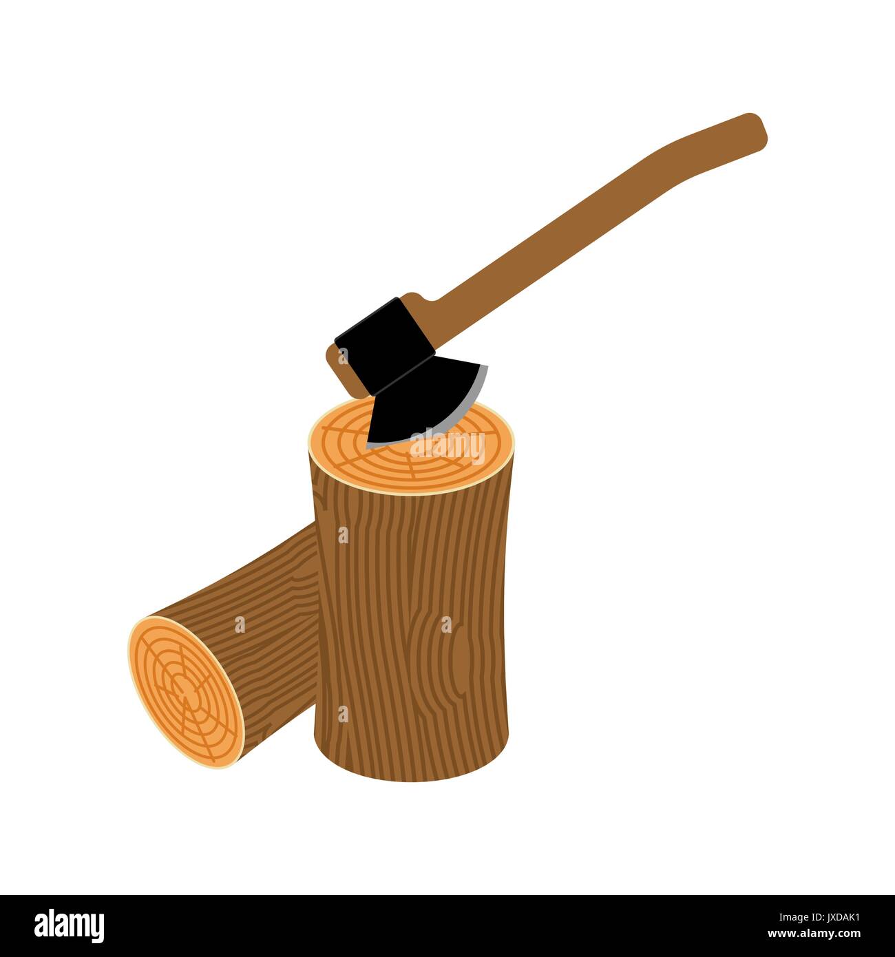 log and axe isolated. Wooden billet and ax on white background Stock Vector