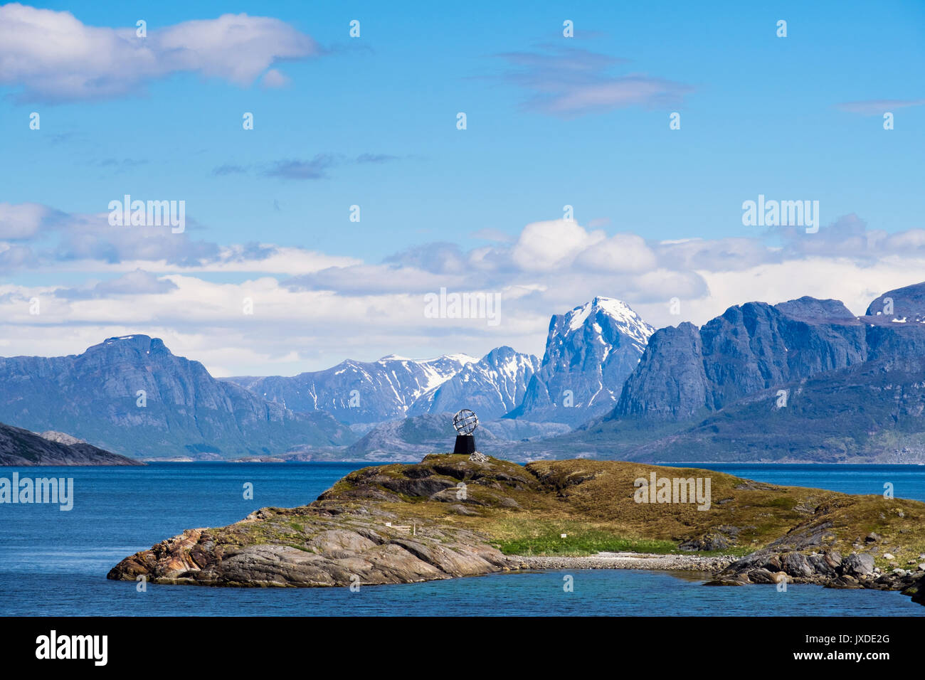 Arctic Circle Monument Globe sculpture on Vikingen Island on west Stock