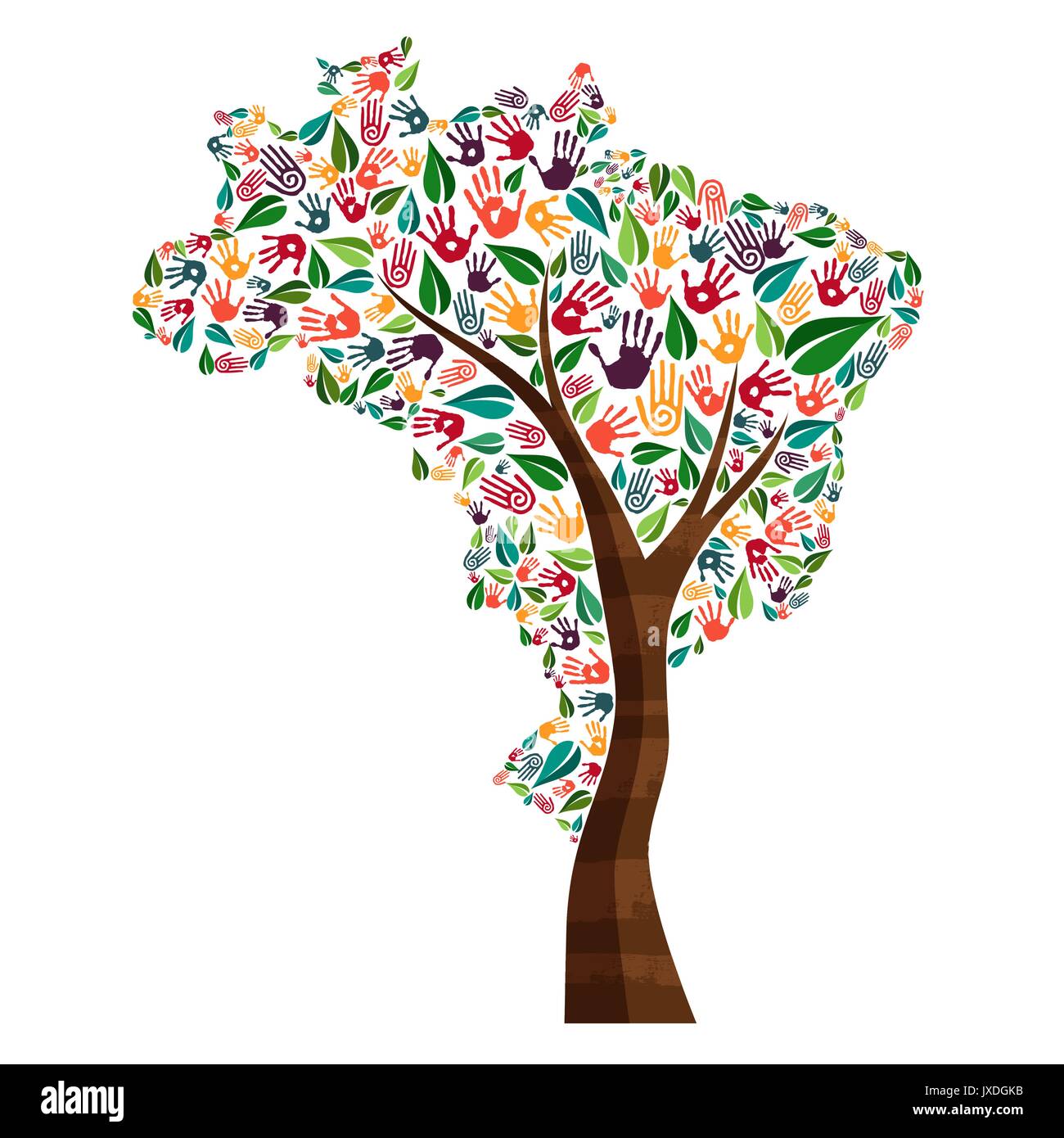 Tree with brazilian country shape and human hand prints. Brazil world help concept illustration for charity work, environment care or social project.  Stock Vector