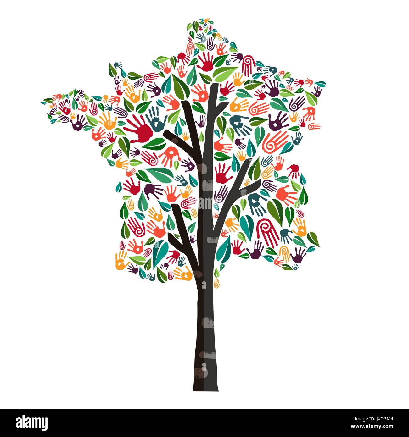 Tree with french country shape and human hand prints. France world help concept illustration for charity work, environment care or social project. EPS Stock Vector
