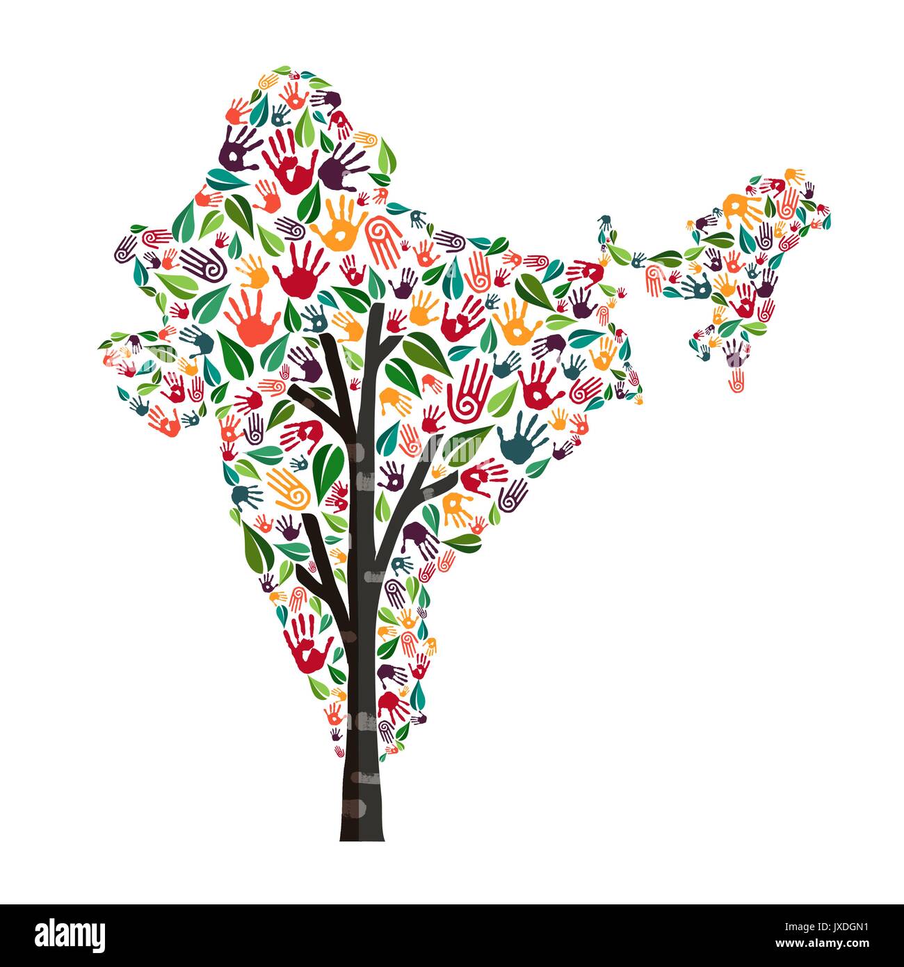Tree with indian country shape and human hand prints. India world help concept illustration for charity work, environment care or social project. EPS1 Stock Vector
