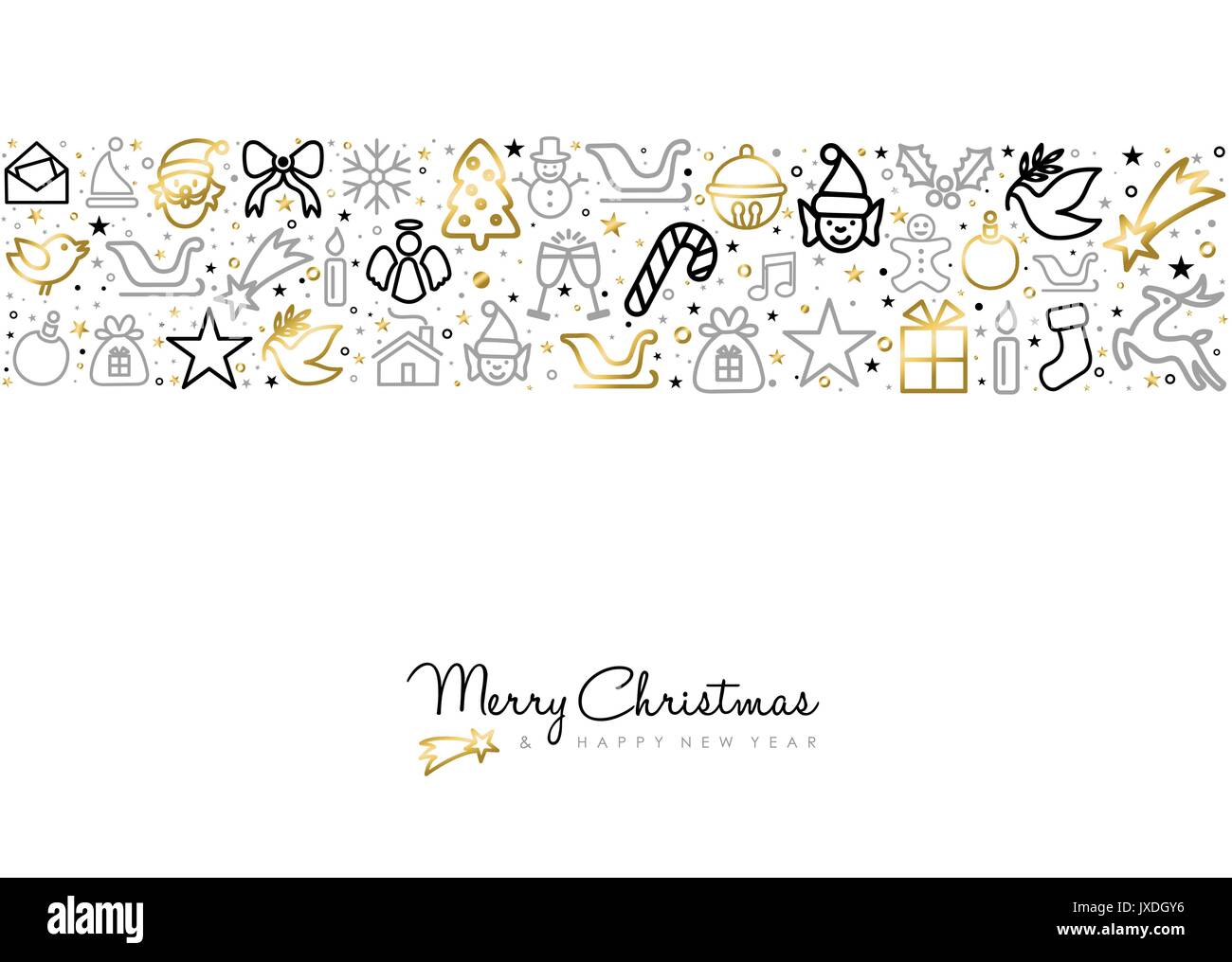 Merry Christmas and Happy New Year greeting card with gold line art holiday icon pattern, outline style decoration background. EPS10 vector. Stock Vector