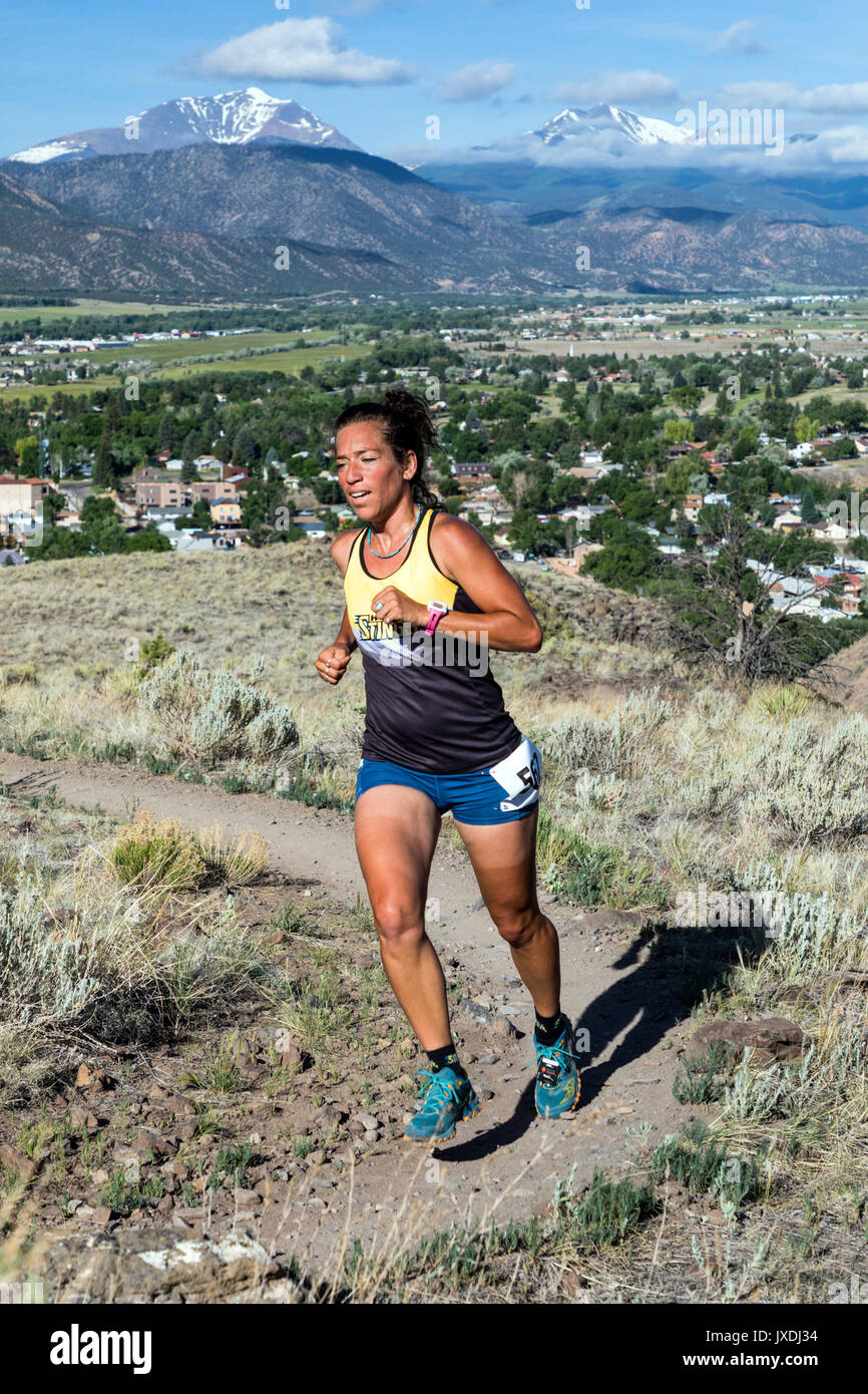 Female runners compete in the Fibark Festival trail run; Salida; Colorado; USA Stock Photo