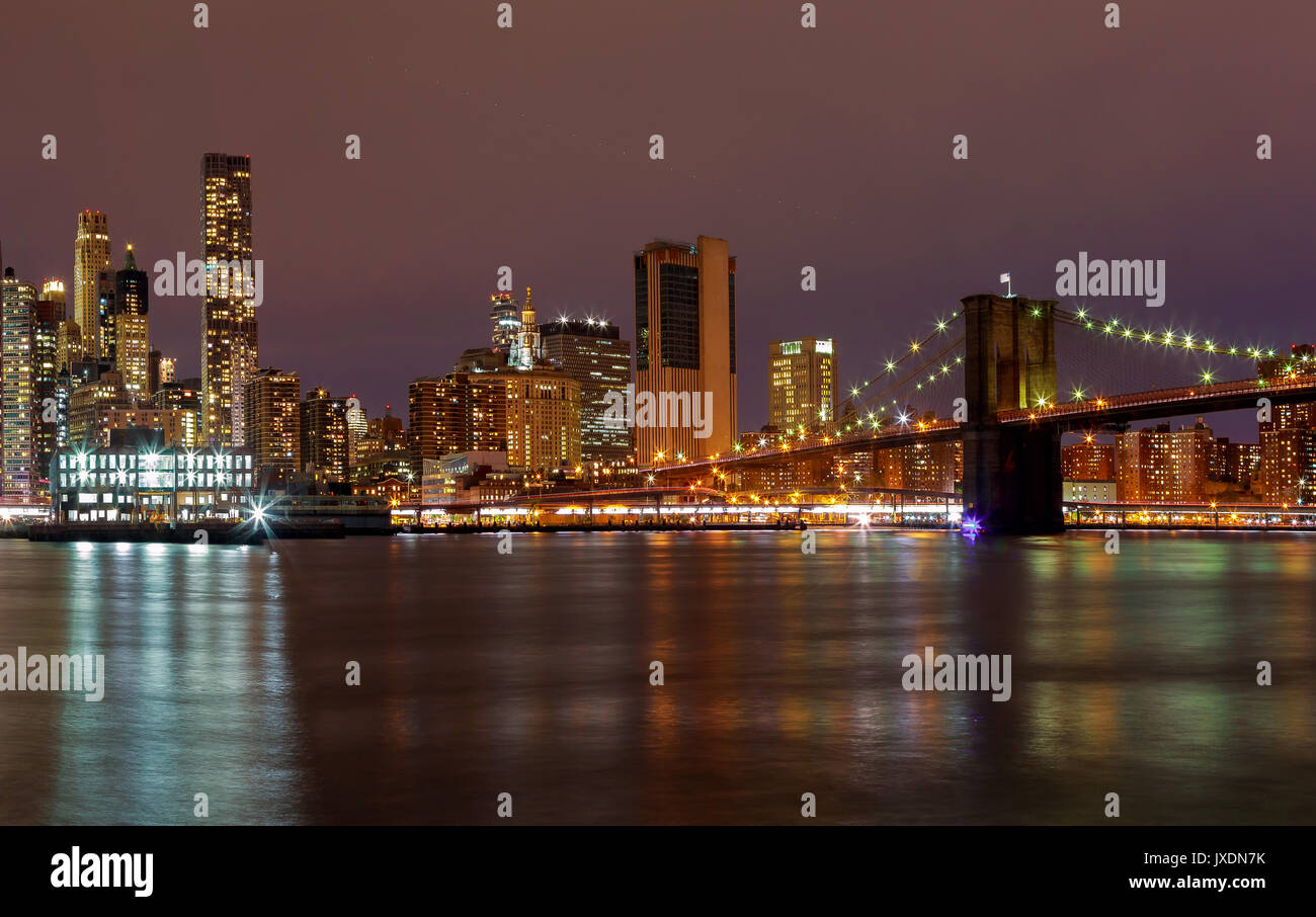Manhattan night New York City manhattan buildings skyline night evening Stock Photo