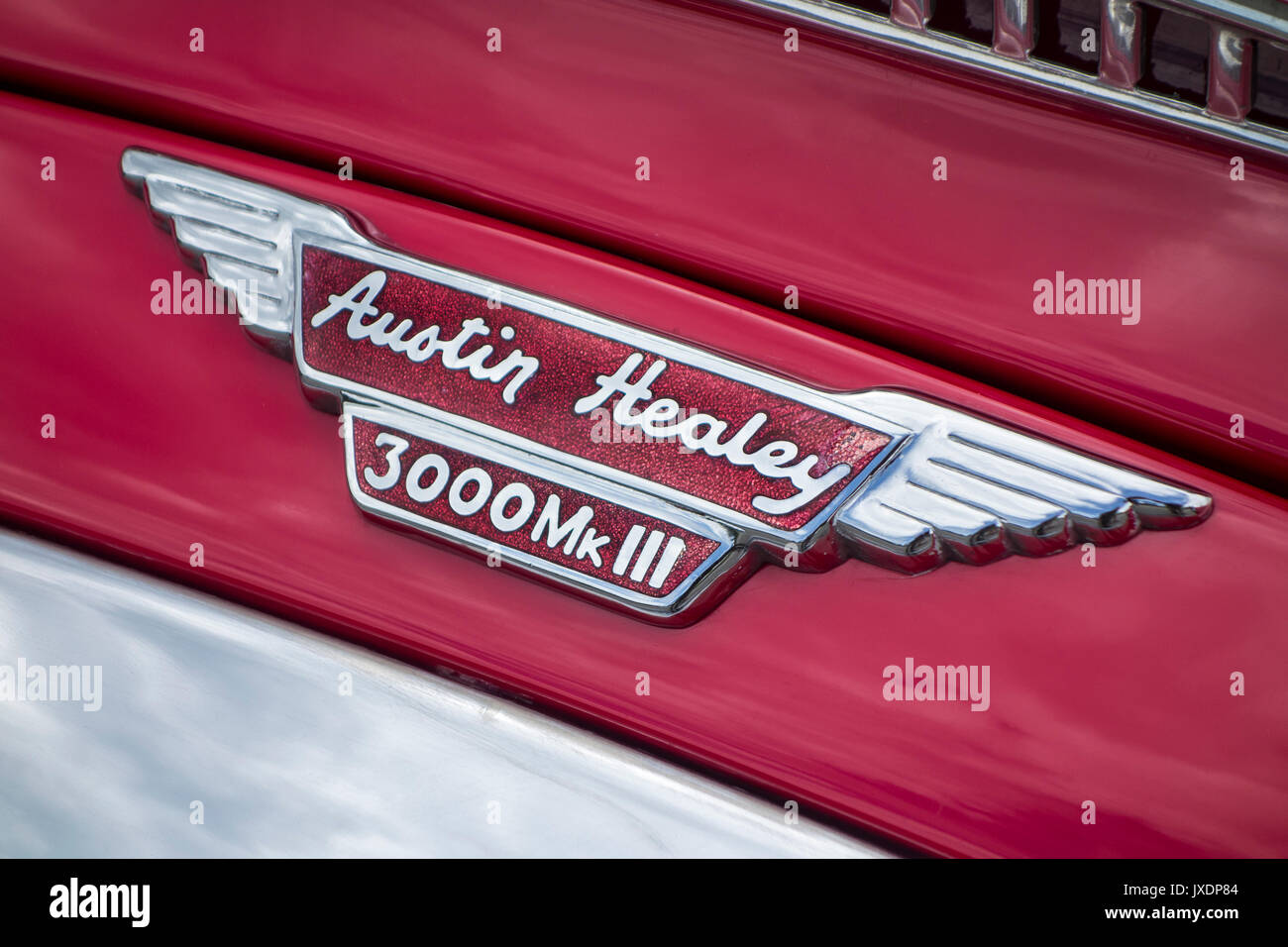 British red classic sports car Austin-Healey 3000 MkIII / Mark III badge logo Stock Photo