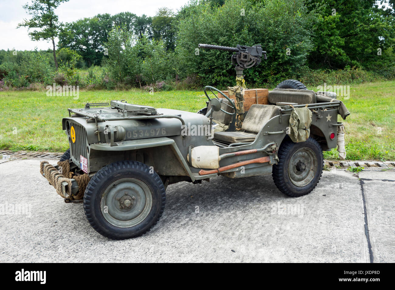 World War Two US Army Willys MB jeep, four-wheel drive utility vehicle with mounted M1919 Browning machine gun Stock Photo