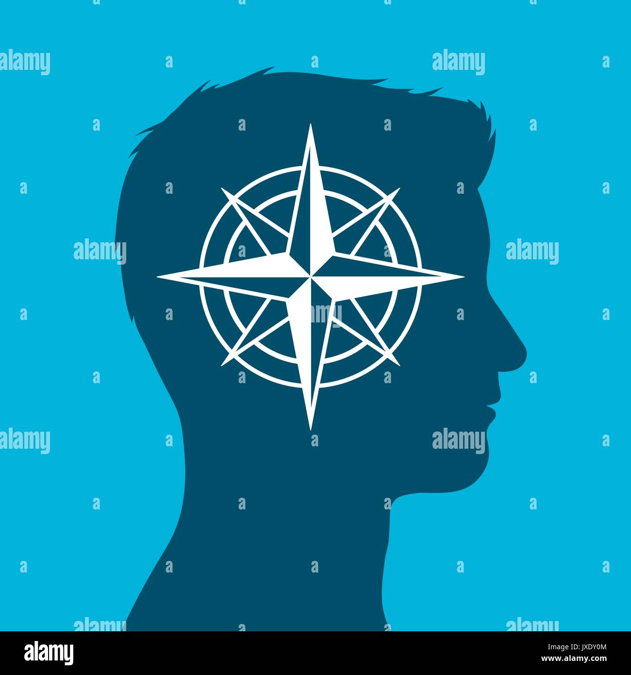 Human head in silhouette with compass rose sign inset against a blue background, vector illustration Stock Vector