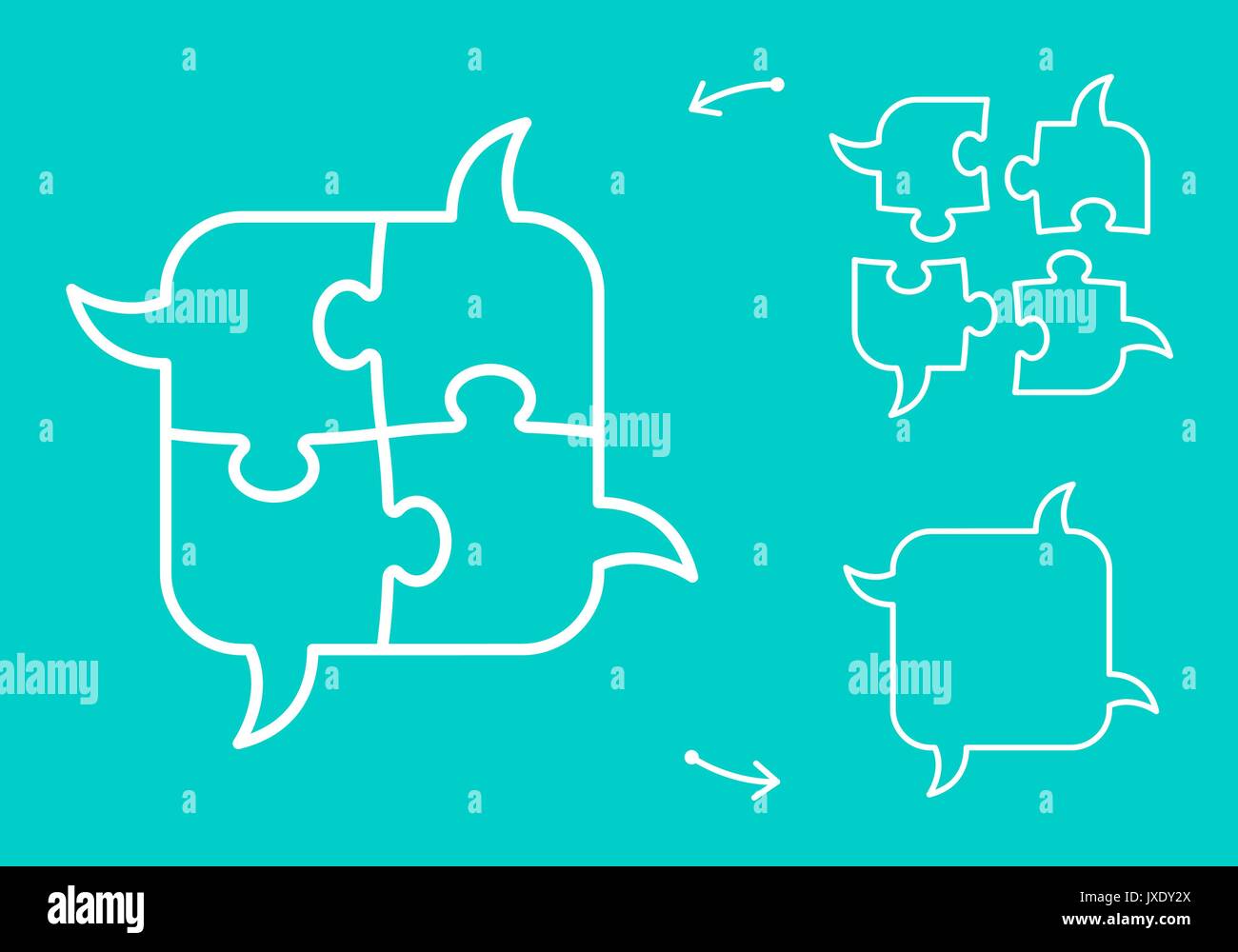 Jigsaw puzzle piece bubbles figures symbolizing collaborative speech and idea sharing unity concept, vector illustration Stock Vector