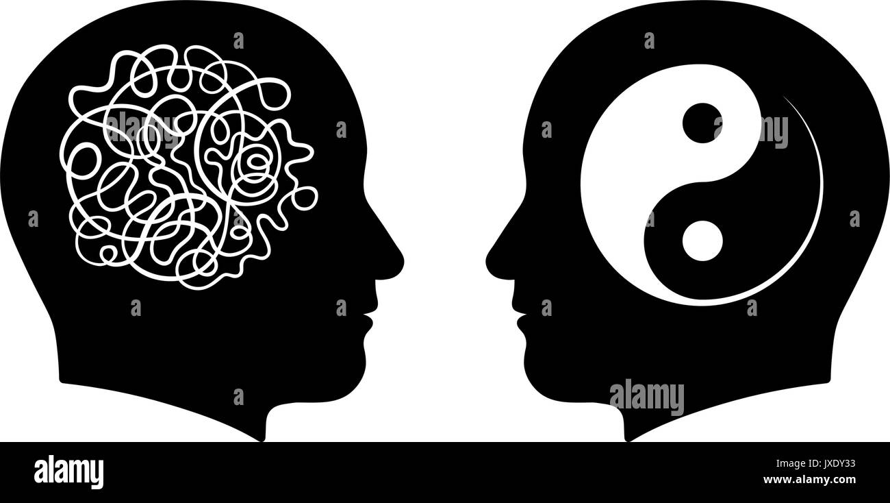 Figures of man head silhouettes with symbol of messy maze and yin and yang inside, vector illustration Stock Vector