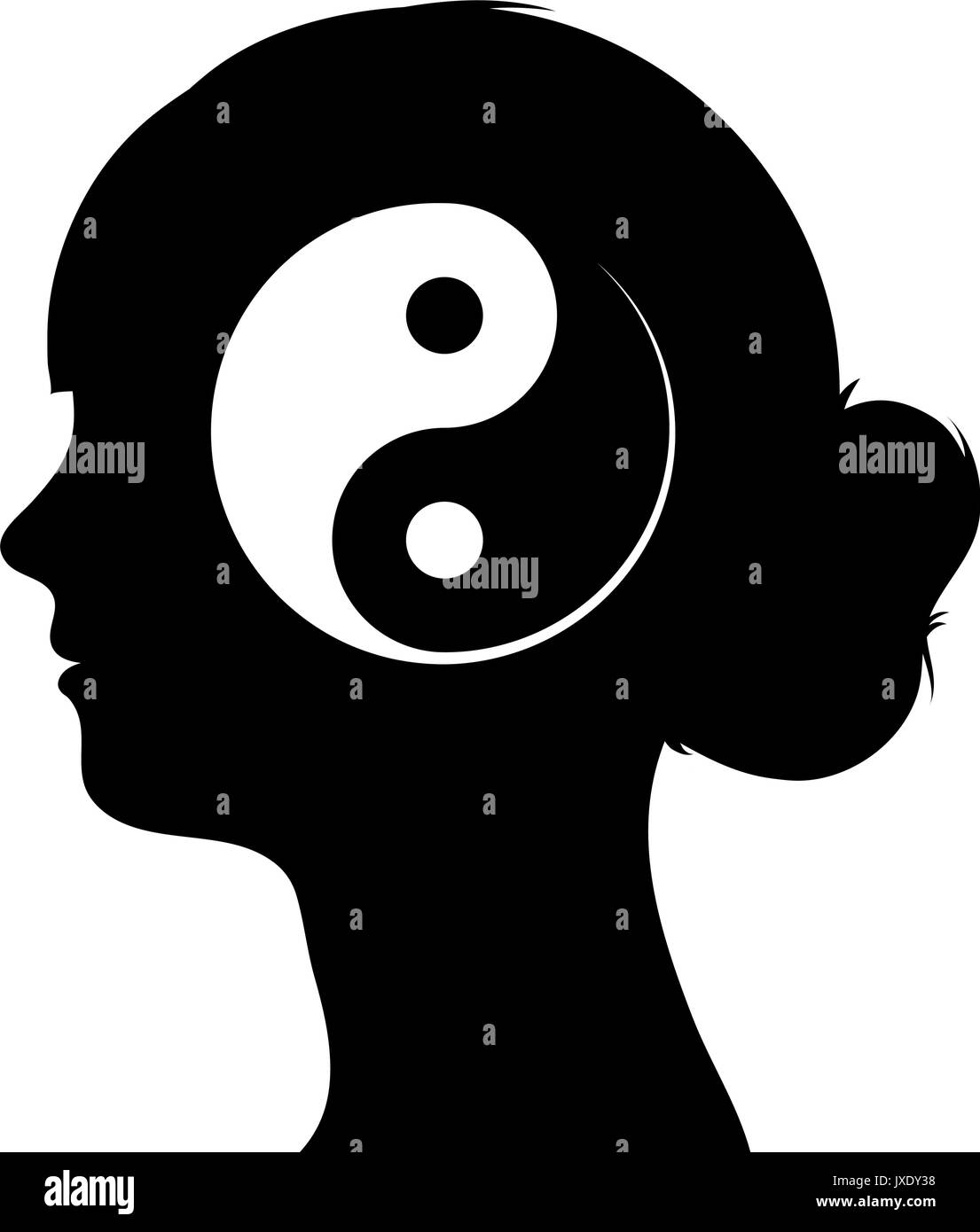 Black and white vector illustration with a profile silhouette of a female head with a Chinese yin yang symbol in a conceptual image Stock Vector