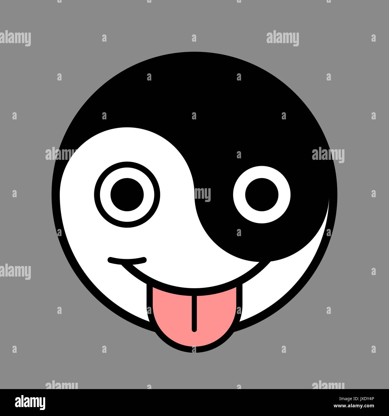 Smiley face of yin and yang symbol smiling and showing tongue, over grey background, vector cartoon illustration Stock Vector