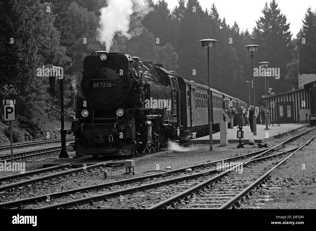 99 7238-1 at Schierke with the 09:42 Wernigerode - Brocken service. Harzer Schmalspurbahnen. Stock Photo