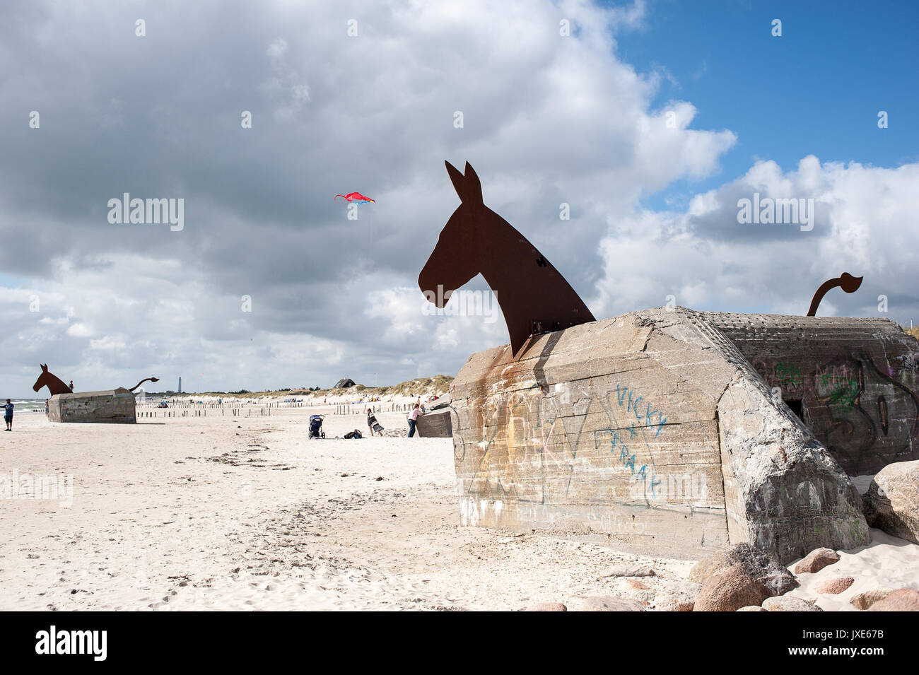 Bunker horses on Blavand beach, Denmark Stock Photo