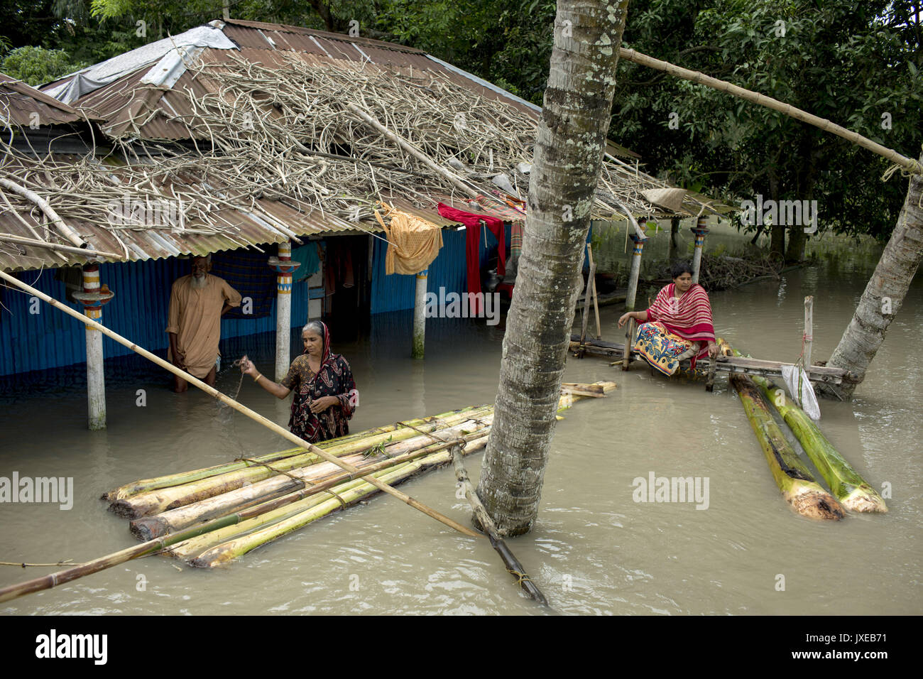Dhaka, Bangladesh. 15th Aug, 2017. A woman made banana boat for transport when all area under the floodwater at Sariakandhi. Flood-related incidents in Dinajpur, Gaibandha and Lalmonirhat raising the death toll to 30 in the last three days across the country. Credit: K M Asad/ZUMA Wire/Alamy Live News Stock Photo