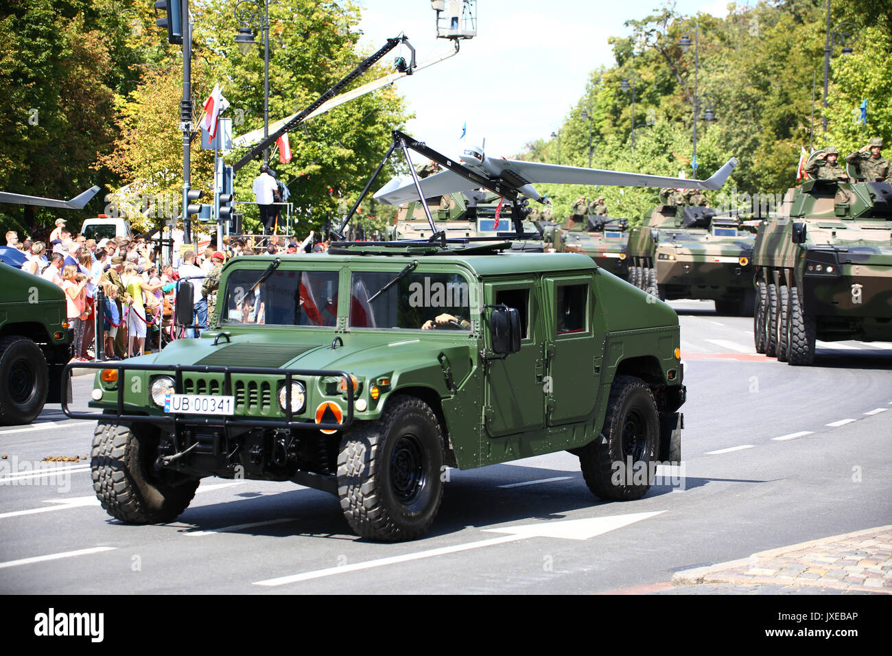 Warsaw, Poland, 15th August 2017: Polish Army holds celebration day with a  military parade of armed and air forces on the 97th anniversary of the  battle of Warsaw in 1920. Troops, vehicles
