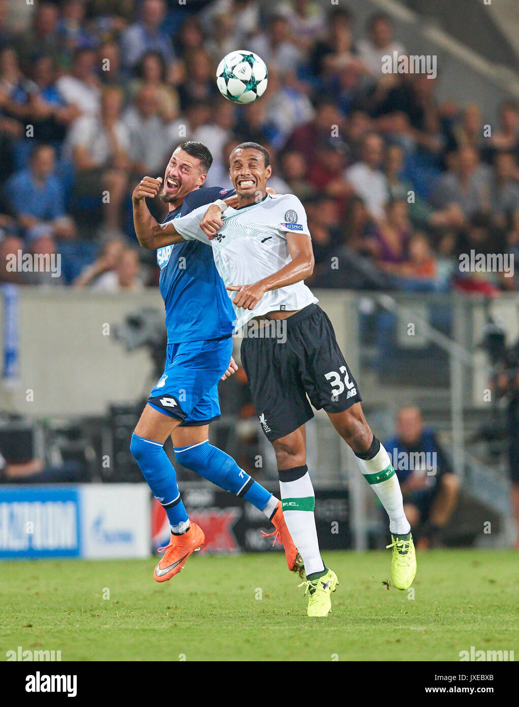 Hoffenheim, Germany. 15th Aug, 2017. Joel MATIP, LIV 32 compete for the  ball against Sandro WAGNER, Hoff 14 in the Qualification TSG 1899  HOFFENHEIM - LIVERPOOL FC for the UEFA Champions League