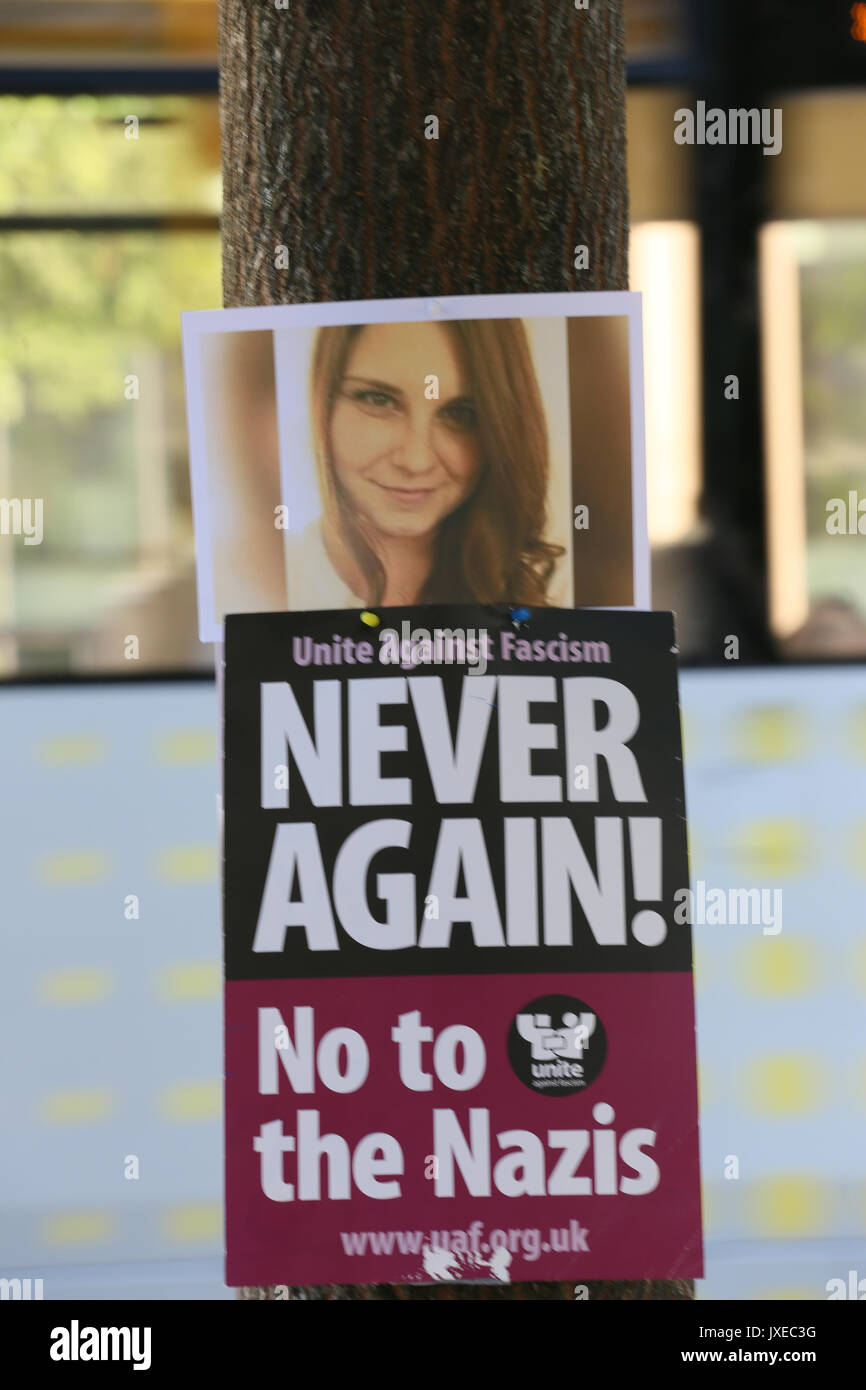 Manchester, UK. 15th Aug, 2017. A Unite Against Fascism poster with a picture of Heather Heyer who was killed in Charlottesville after a car crashed into demonstrators protesting a white supremacy rally, posted in St Peters Square, Manchester, 15th August, 2017 Credit: Barbara Cook/Alamy Live News Stock Photo