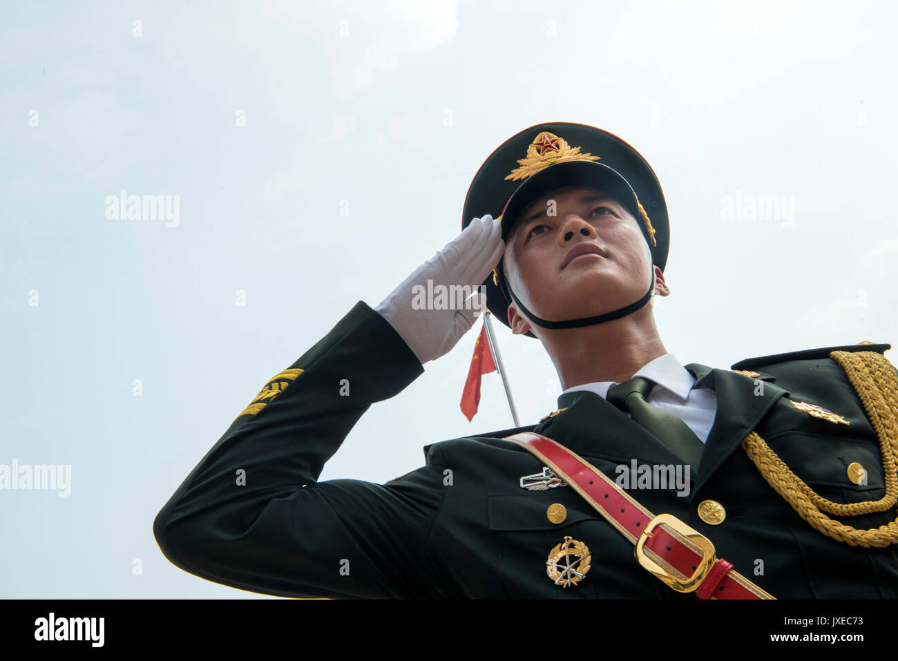 Beijing, China. 15th Aug, 2017. Chinese People's Liberation Army honor guard during a red carpet arrival ceremony for U.S. Chairman of the Joint Chiefs Gen. Joseph Dunford at the Bayi building August 15, 2017 in Beijing, China. Dunford is in Beijing to strengthen communication between the two militaries amid tensions concerning North Korea. Credit: Planetpix/Alamy Live News Stock Photo