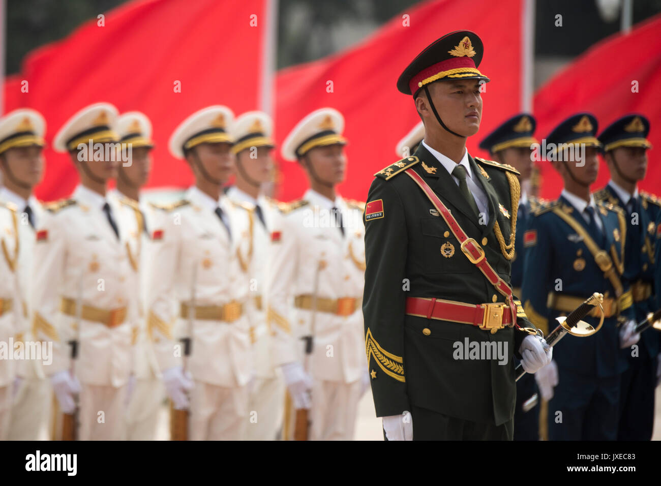 Beijing, China. 15th Aug, 2017. Chinese People's Liberation Army honor guard during a red carpet arrival ceremony for U.S. Chairman of the Joint Chiefs Gen. Joseph Dunford at the Bayi building August 15, 2017 in Beijing, China. Dunford is in Beijing to strengthen communication between the two militaries amid tensions concerning North Korea. Credit: Planetpix/Alamy Live News Stock Photo